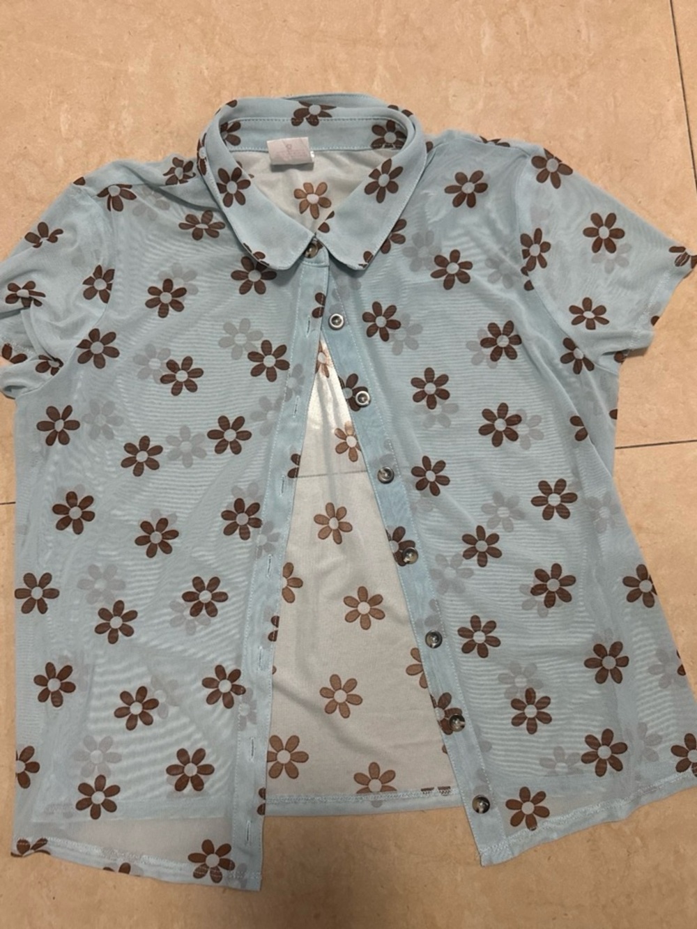 No Boundaries Light Blue Mesh Button-Up with Brown Floral Print